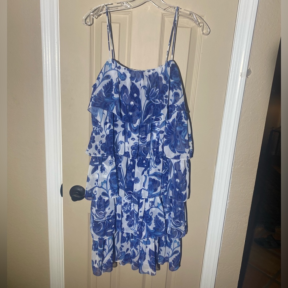 Caroline Constas Ruffle Tea Length Dress Blue S